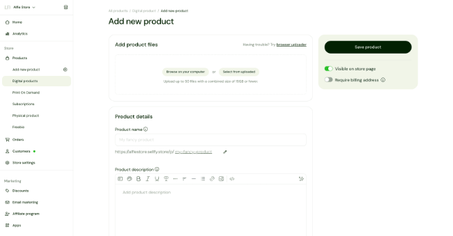 sellfy add new digital product